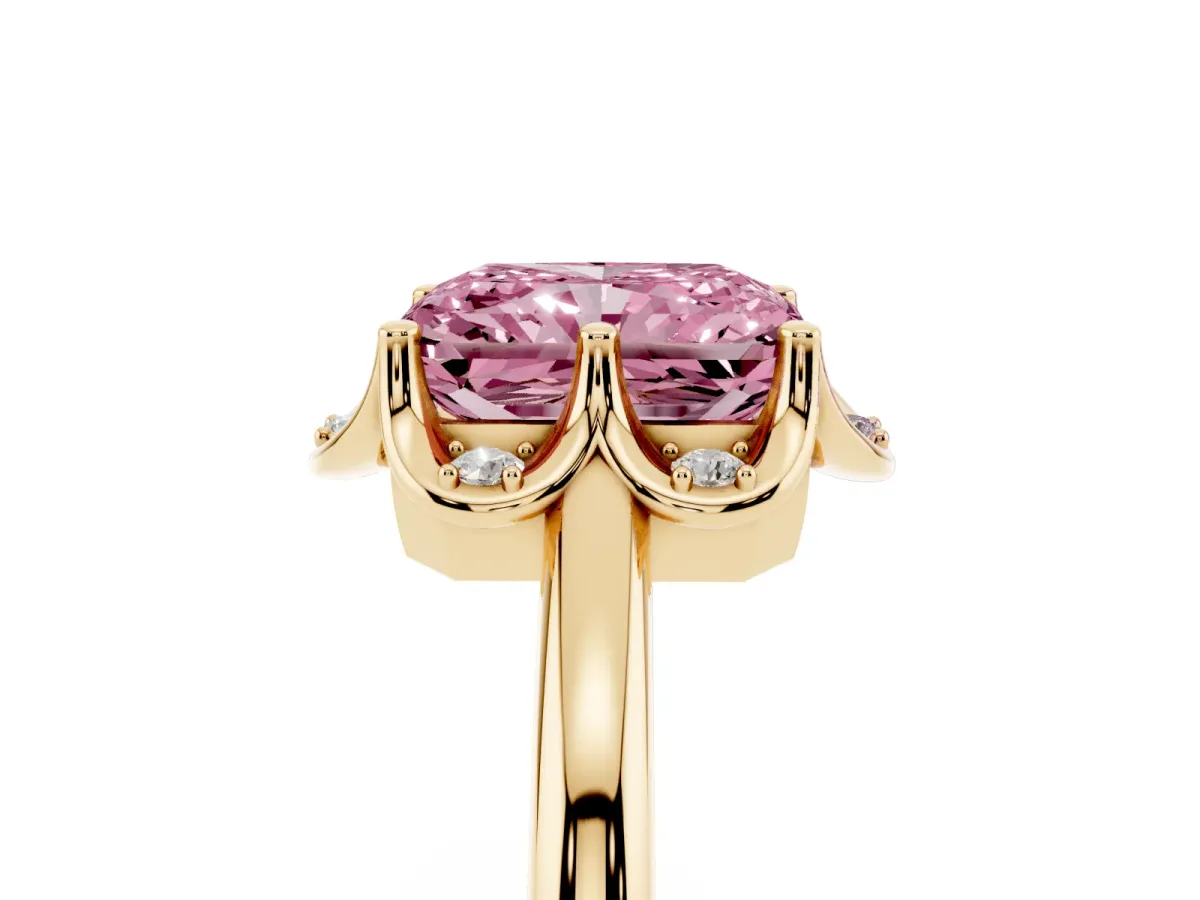 Fancy Pink Radiant Cut Halo Diamond Ring with Round Cluster Setting, Solitaire Band, and Four-Prong Setting Yellow gold