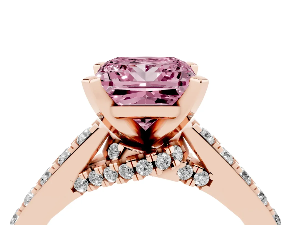 Fancy Pink Princess Cut Diamond Solitaire Ring with Crossover Gallery and Round Pavé Band Rose gold