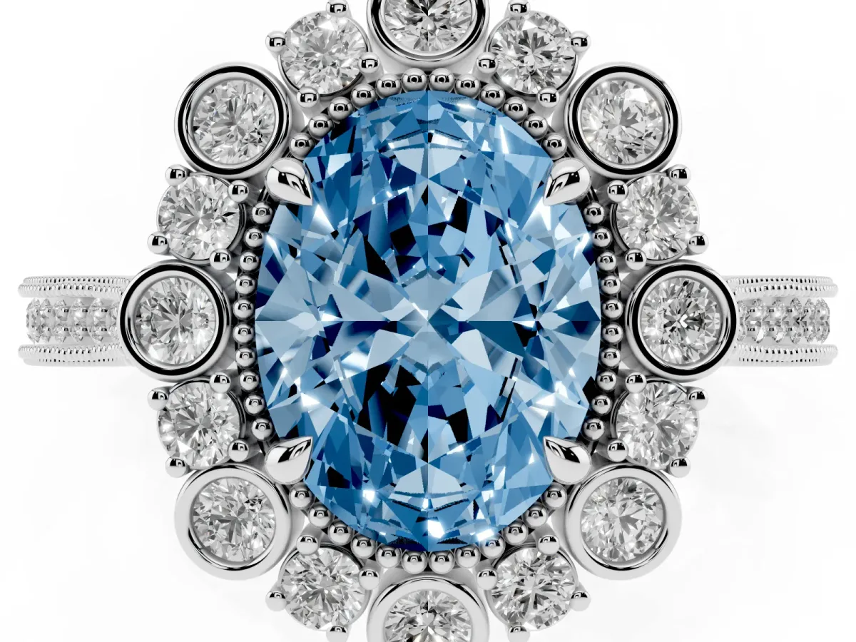 Fancy Blue Oval Cut Halo Milgrain Pave Diamond Ring with Four-Prong Setting Platinum