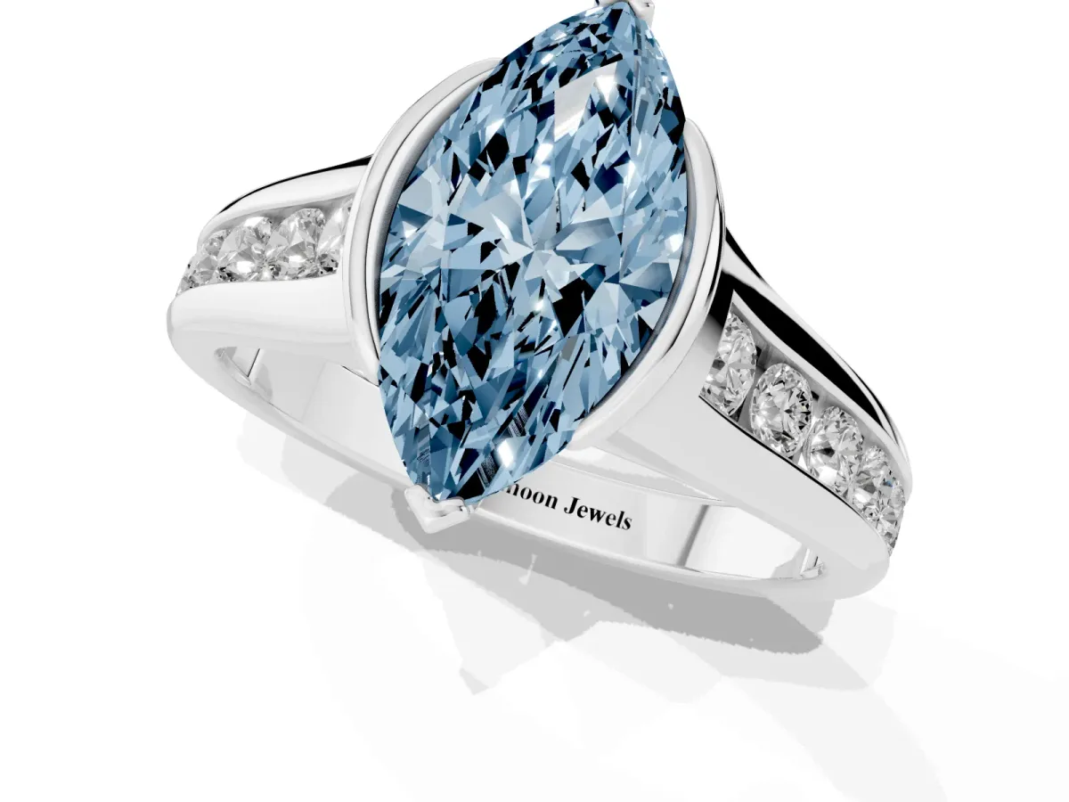 Fancy Blue Marquise Cut Solitaire Bezel-Set Diamond Ring with Channel-Set Band Silver