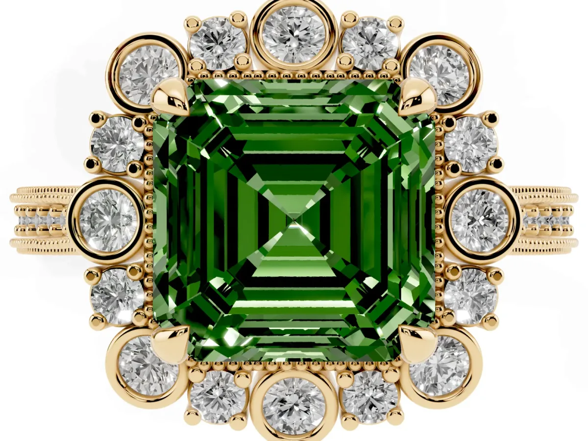 Fancy Green Asscher Cut Halo Milgrain Pave Diamond Ring with Four-Prong Setting Yellow gold