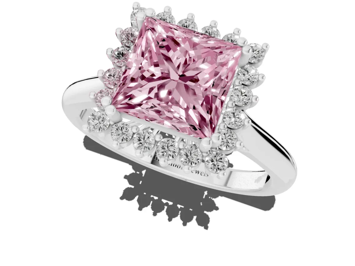 Fancy Pink Princess Cut Cut Diamond Halo Ring with Solitaire Band and Prong Setting Silver