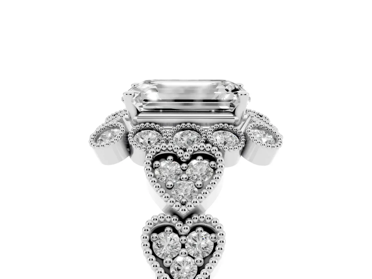 Emerald Cut Brilliant Milgrain Pave Heart Band Solitaire Ring Silver