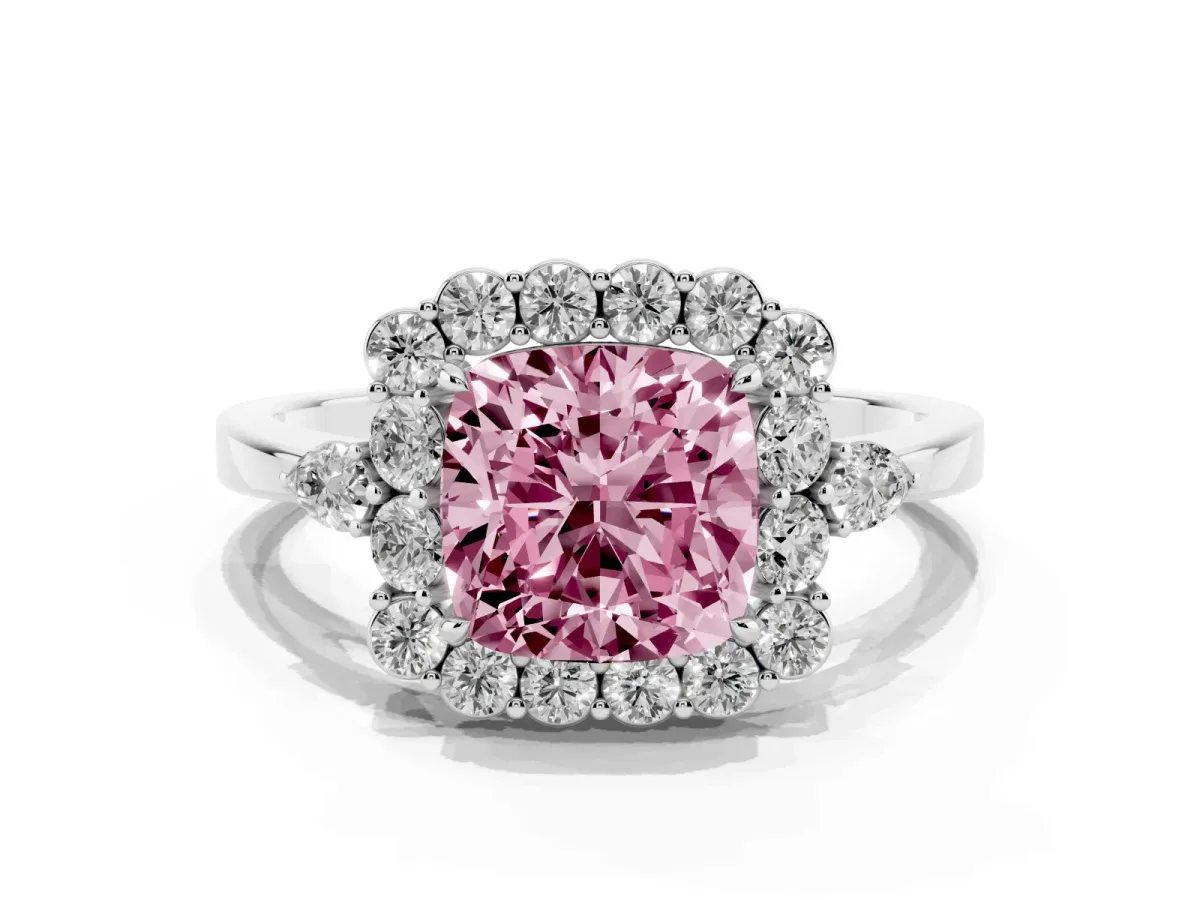 Fancy Pink Cushion Cut Diamond Halo Ring with Pear Side Stones and Prong Setting Silver