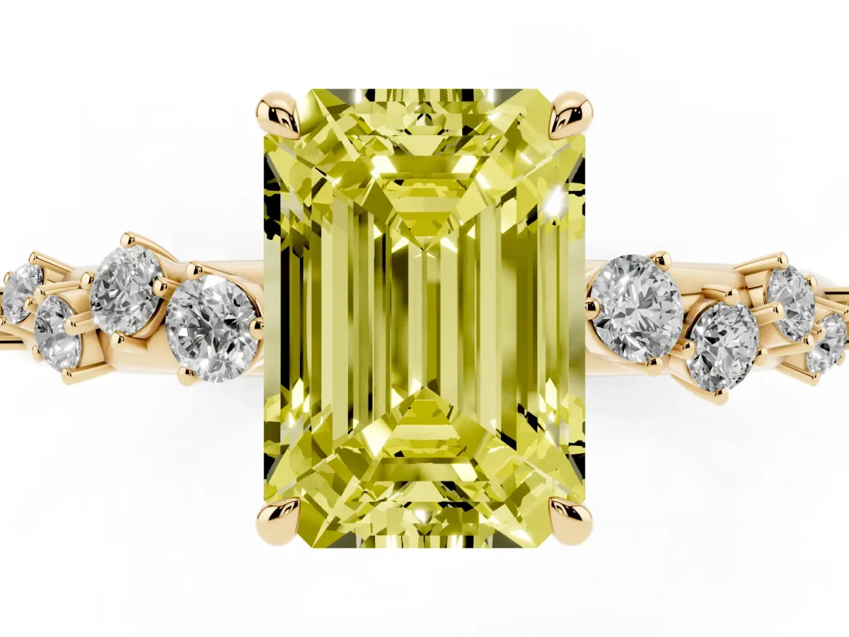Fancy Yellow Emerald Cut Diamond Cluster Prong-Set Solitaire Ring Yellow gold