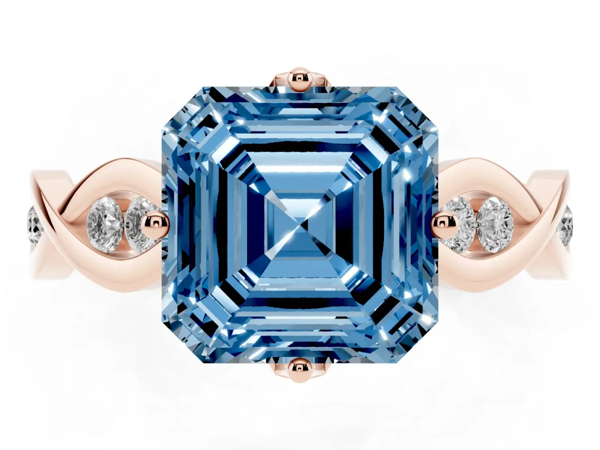 Fancy Blue Asscher Cut Solitaire Twist Band with Leaf Prong Setting Rose gold