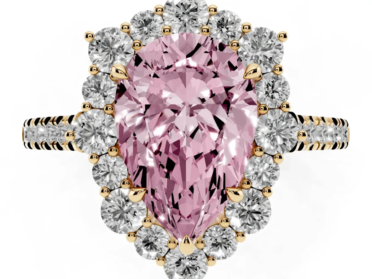 Fancy Pink Pear Cut Halo Diamond Ring with Pavé Band and Prong Setting Yellow gold