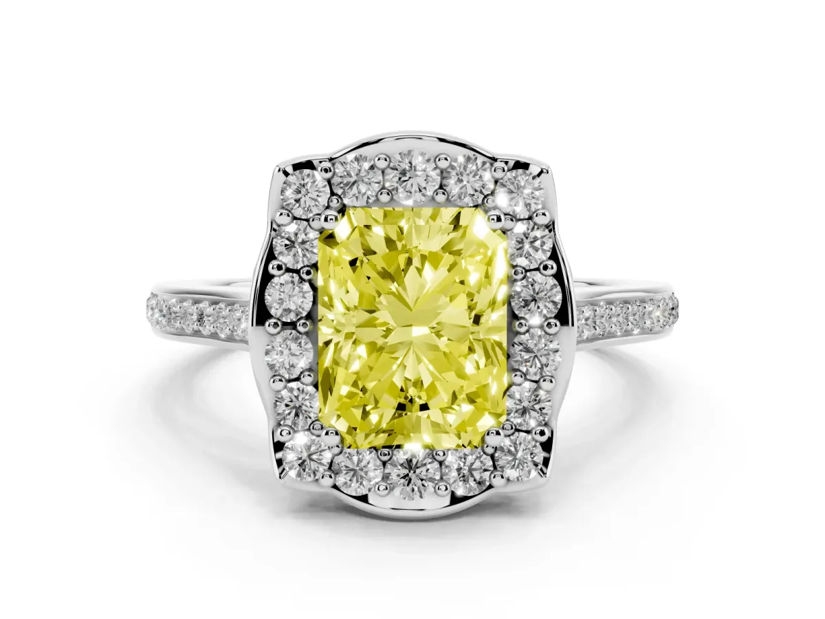 Fancy Yellow Radiant Cut Halo Round Diamond Pave Band with Four-Prong Setting Platinum