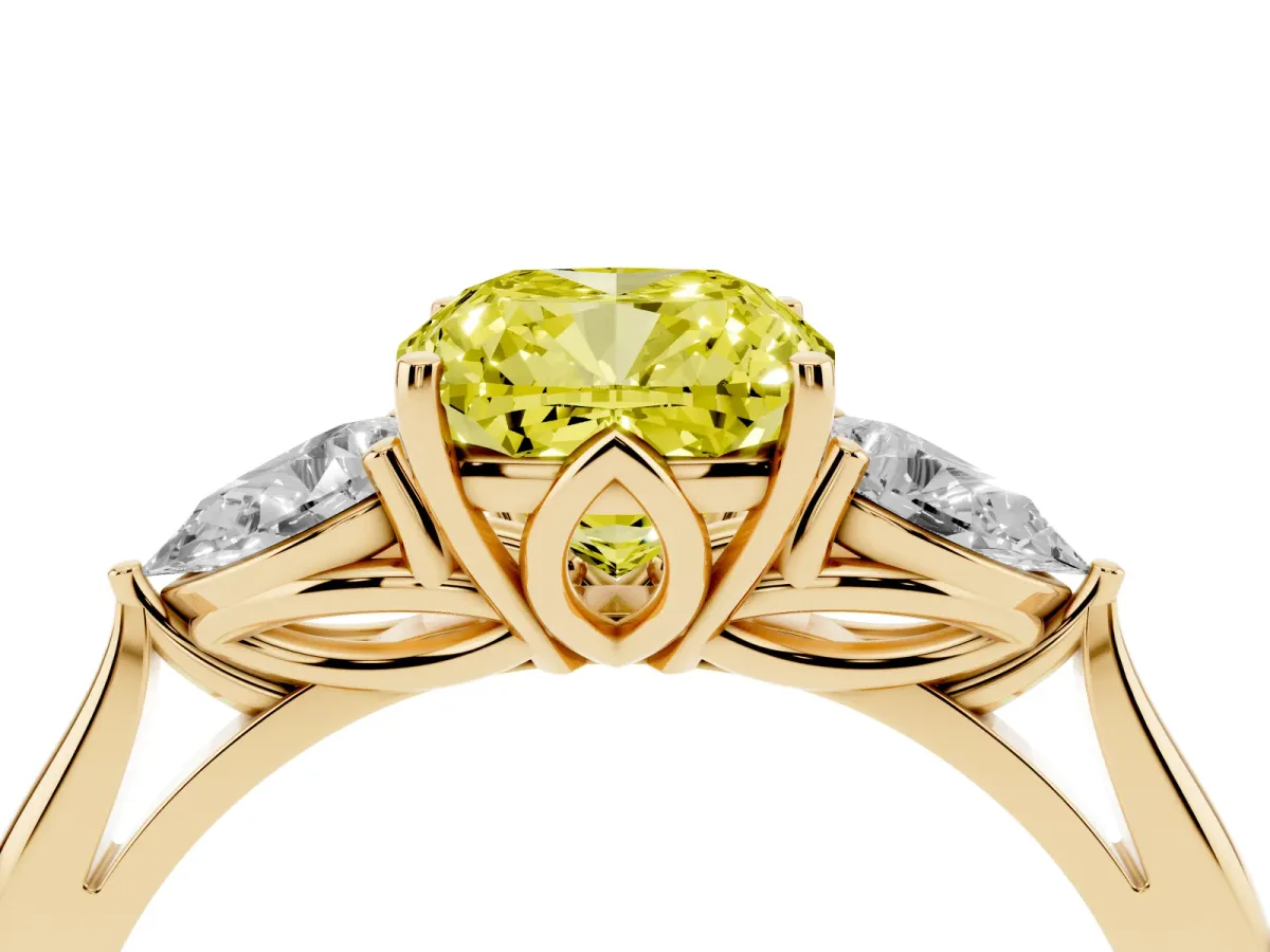 Fancy Yellow Cushion Cut Diamond Three-Stone Ring with Pear Side Stones and Prong Setting Yellow gold