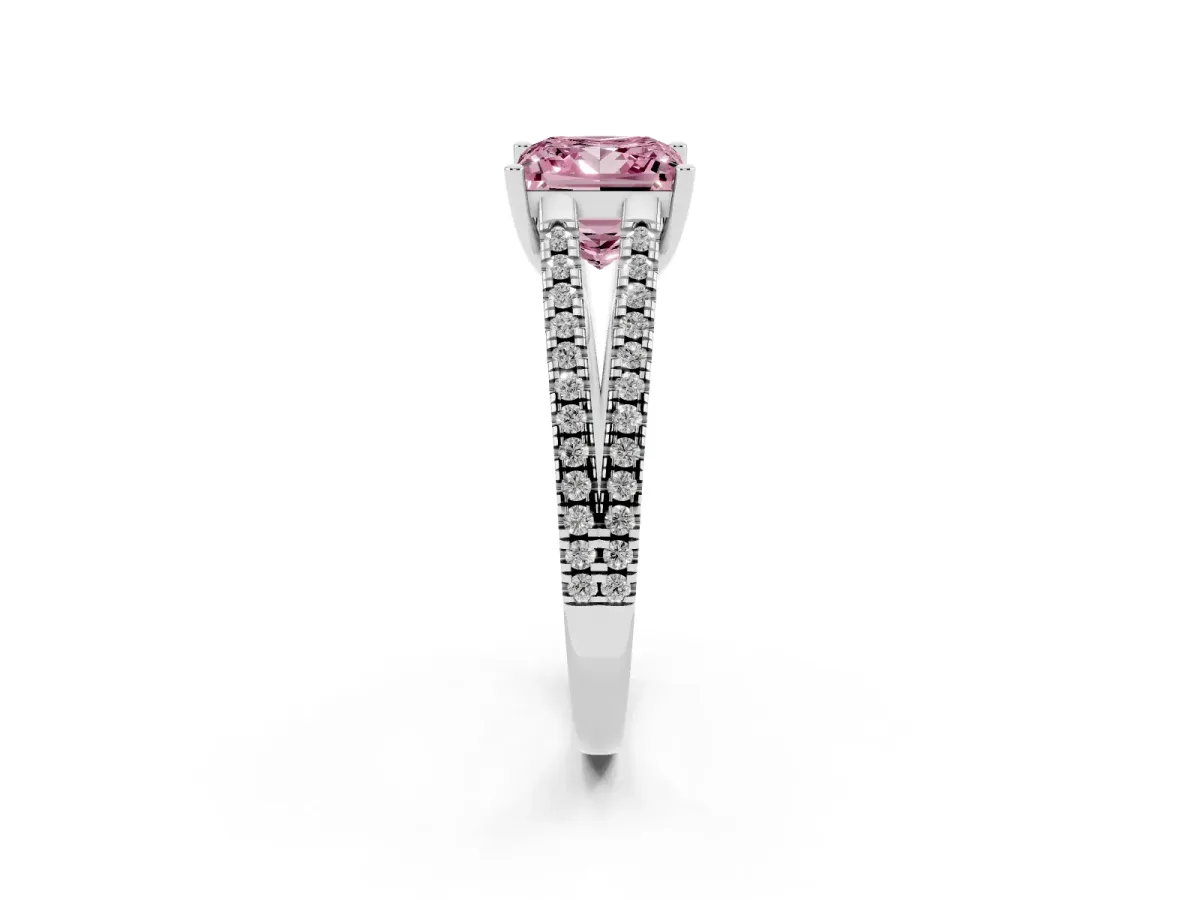 Fancy Pink Princess Cut Diamond Solitaire Engagement Ring with Split Shank Pavé Band Silver