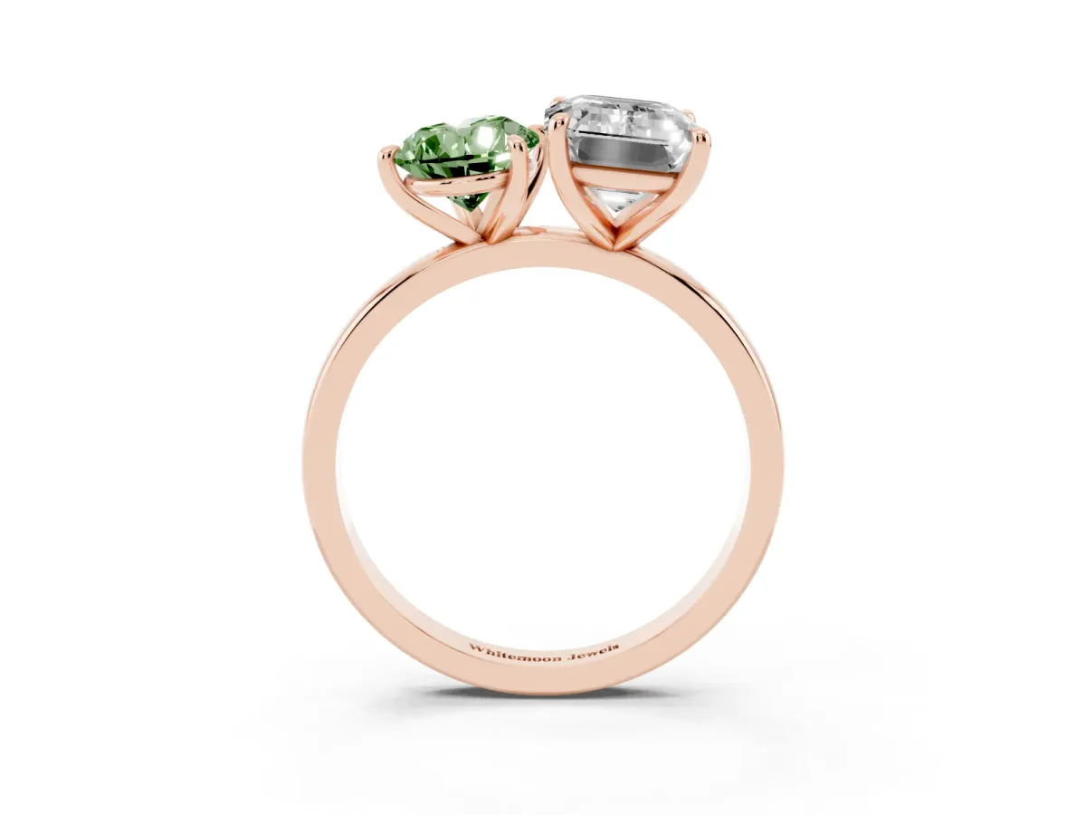 Fancy Green Pear Cut and Emerald Cut Toi Moi Ring with Prong Setting Rose gold
