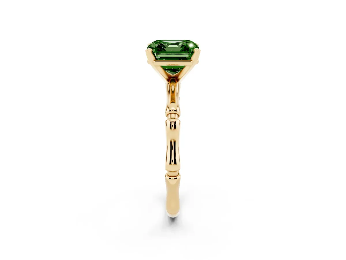 Fancy Green Asscher Cut Solitaire Diamond Ring with Bamboo Band and Four-Prong Setting Yellow gold