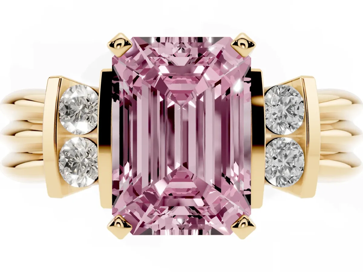 Fancy Pink Emerald Cut Cut Three-Stone Channel Set Ring with Bar Prongs Yellow gold