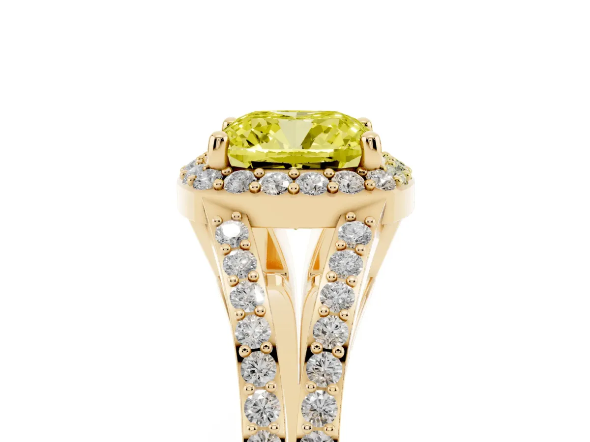 Fancy Yellow Cushion Cut Halo Split Shank Diamond Ring with Prong Setting Yellow gold