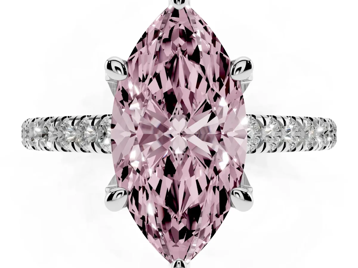 Fancy Pink Marquise Cut Brilliant Diamond Solitaire with Pavé Band and Four-Prong Setting Silver