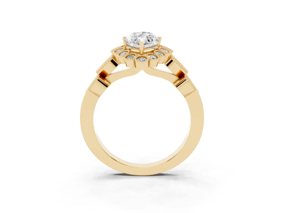 Marquise Cut Brilliant Milgrain Pave Heart Band Solitaire Ring Yellow gold
