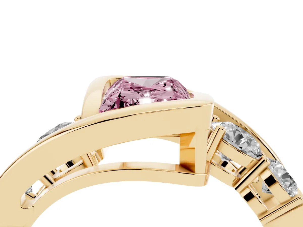 Fancy Pink Bezel Set Radiant Cut Diamond Bypass Ring with Round Accents Yellow gold