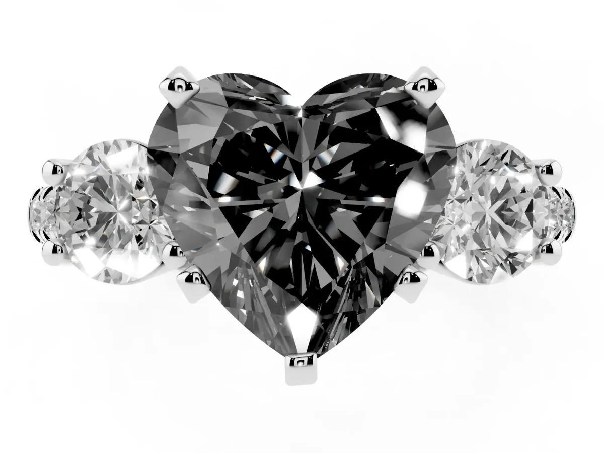 Fancy Black Three-Stone Heart Cut Diamond Pavé Band with Four-Prong Setting Platinum
