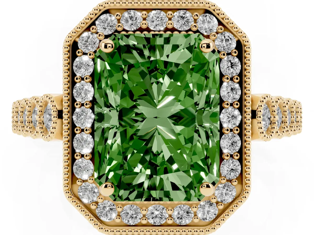 Fancy Green Radiant Cut Halo Milgrain Solitaire with Bezel Set Side Stones and Pave Band Yellow gold