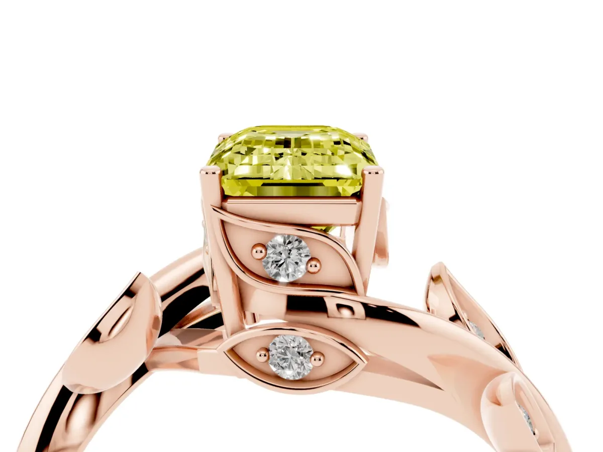 Fancy Yellow Emerald Cut Solitaire Twist Engagement Ring with Leaf Accents and Prong Setting Rose gold