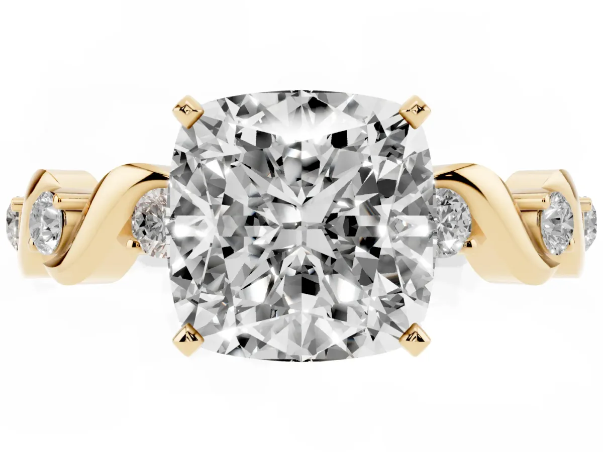 Cushion Cut Diamond Solitaire Twisted Band with Round Accents and Prong Setting Yellow gold