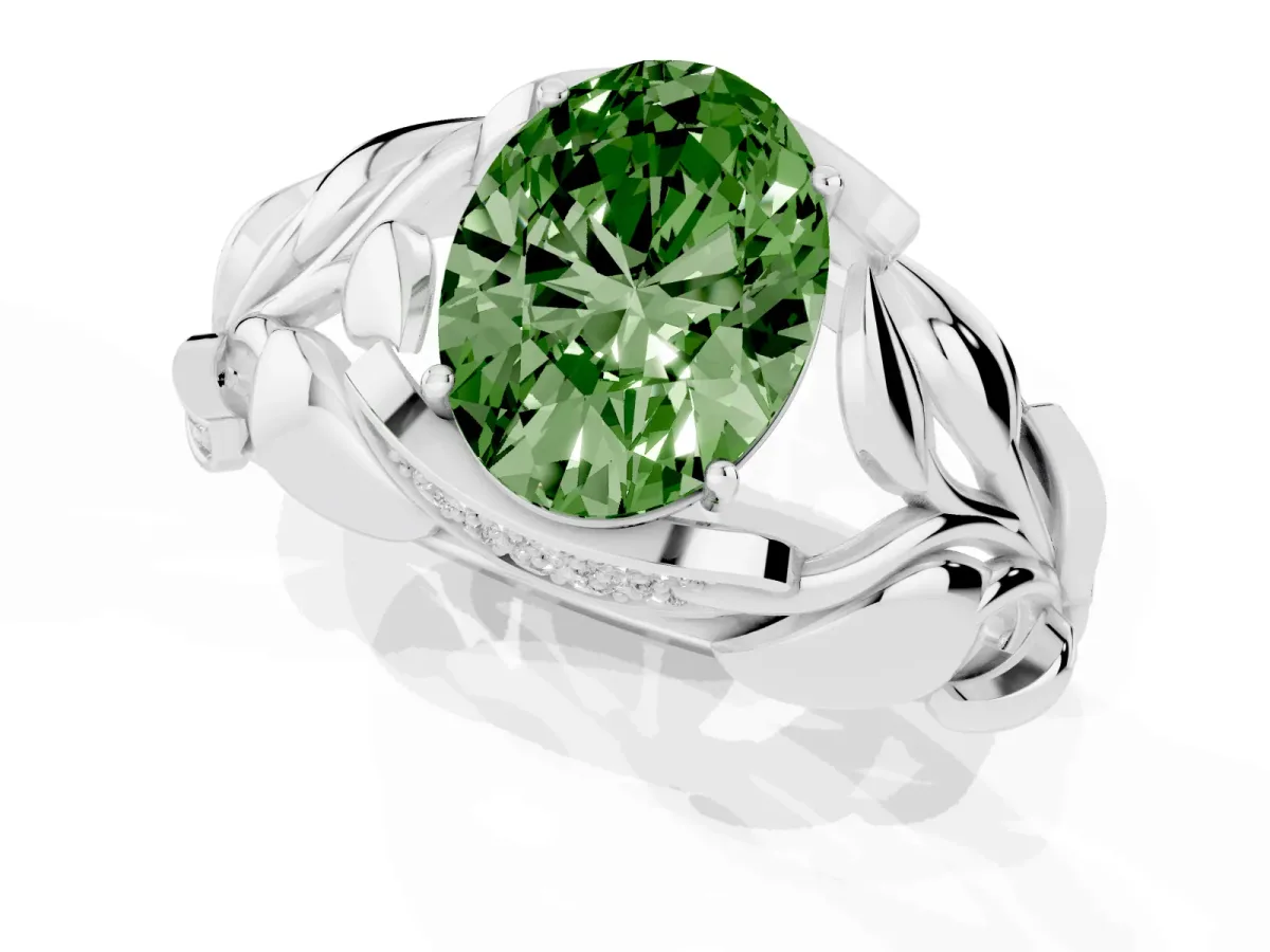 Fancy Green Oval Cut Diamond Leaf-Inspired Engagement Ring with Round Accents and Prong Setting Silver