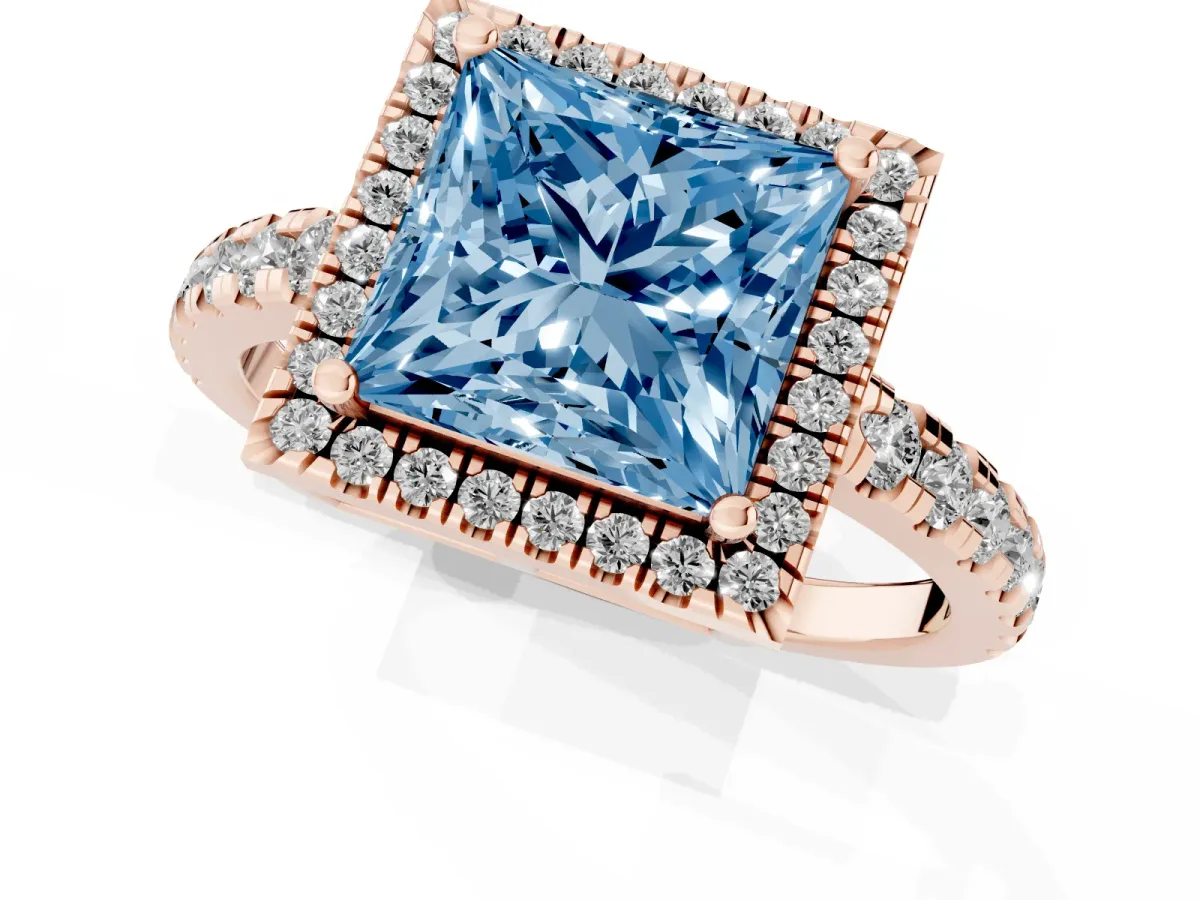 Fancy Blue Princess Cut Diamond Halo Ring with Pavé Band and Four-Prong Setting Rose gold