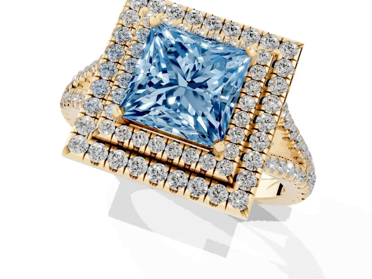 Fancy Blue Princess Cut Diamond Double Halo Ring with Pavé Band and Prong Setting Yellow gold