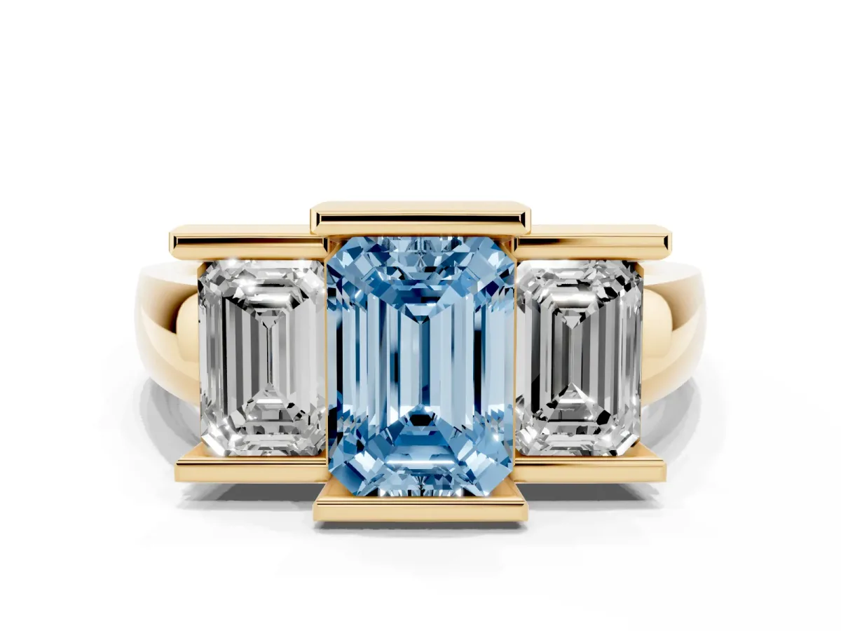 Fancy Blue Three Stone Emerald Cut Cut Channel Set Diamond Ring Yellow gold
