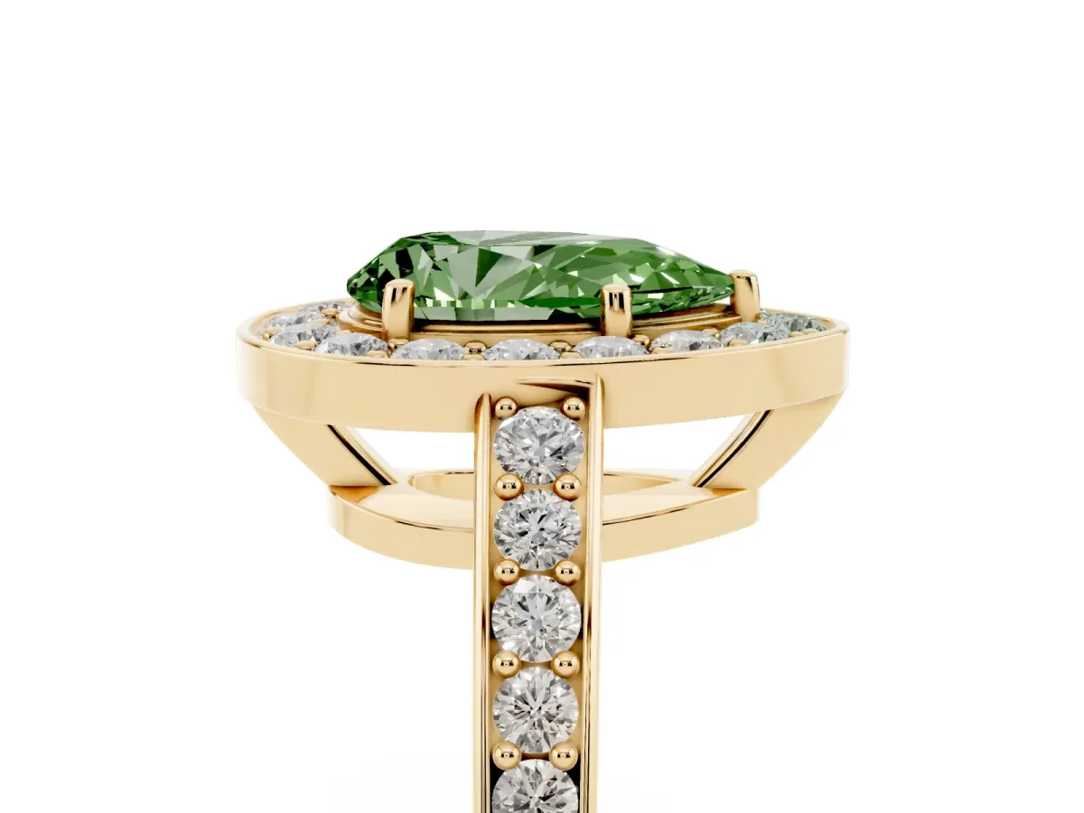 Fancy Green Pear Cut Halo Pavé Diamond Engagement Ring with Bezel Setting Yellow gold