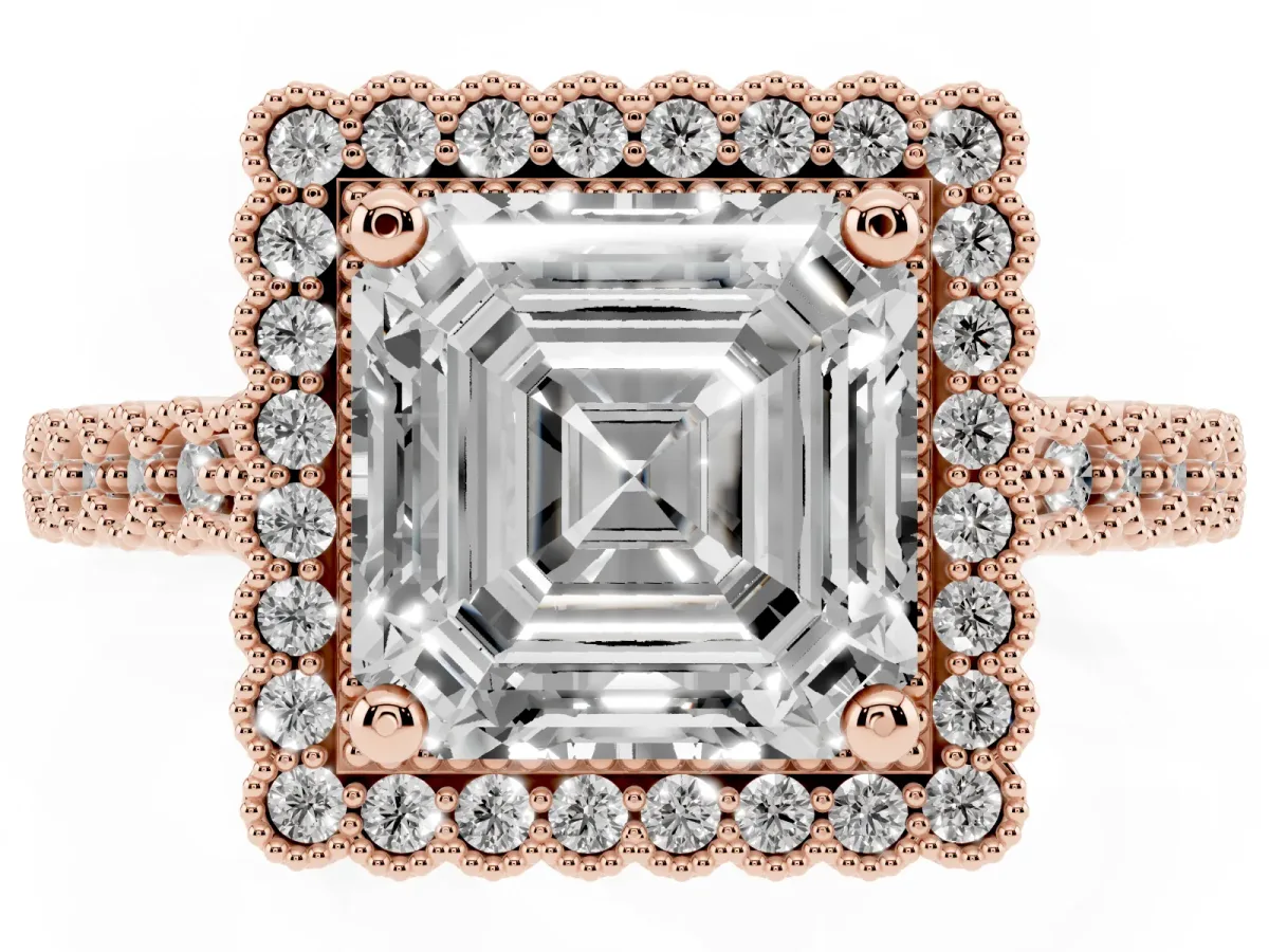 Asscher Cut Cut Halo Pavé Solitaire Ring with Milgrain Band Rose gold