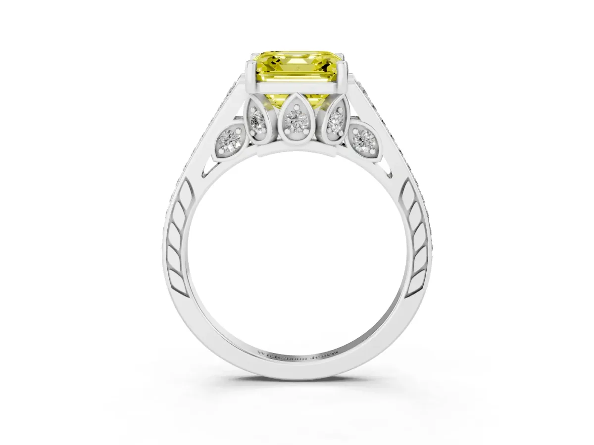 Fancy Yellow Asscher Cut Cut Cathedral Pave Diamond Engagement Ring with Six-Prong Setting Silver