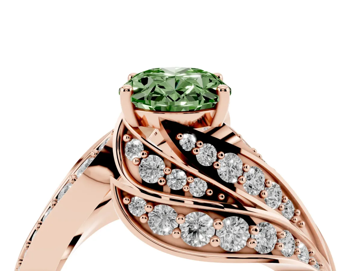 Fancy Green Oval Cut Diamond Solitaire Ring with Prong Setting and Twisted Pavé Band Rose gold