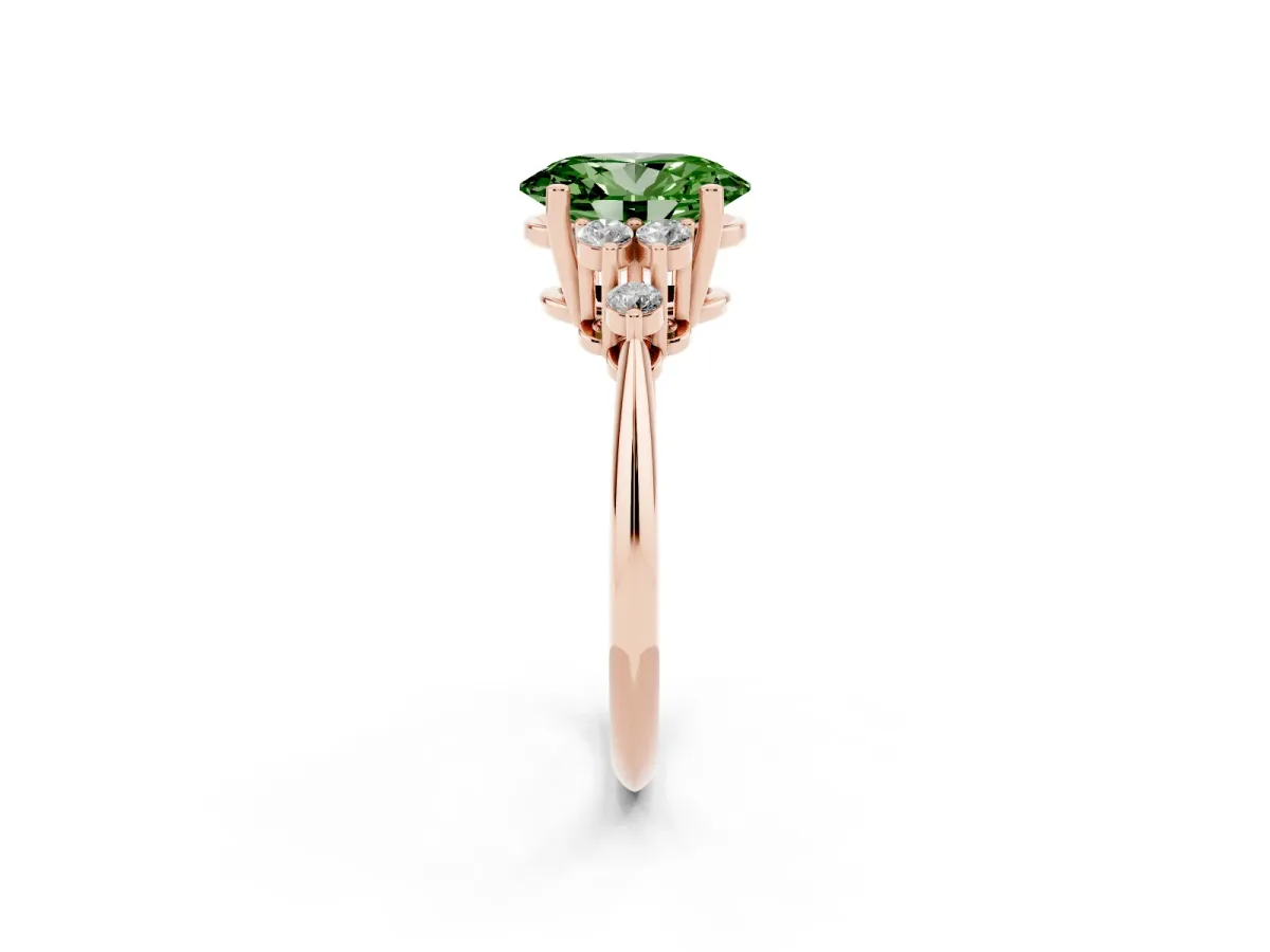 Fancy Green Oval Cut Cut Diamond Cluster Ring with Solitaire Band and Four-Prong Setting Rose gold