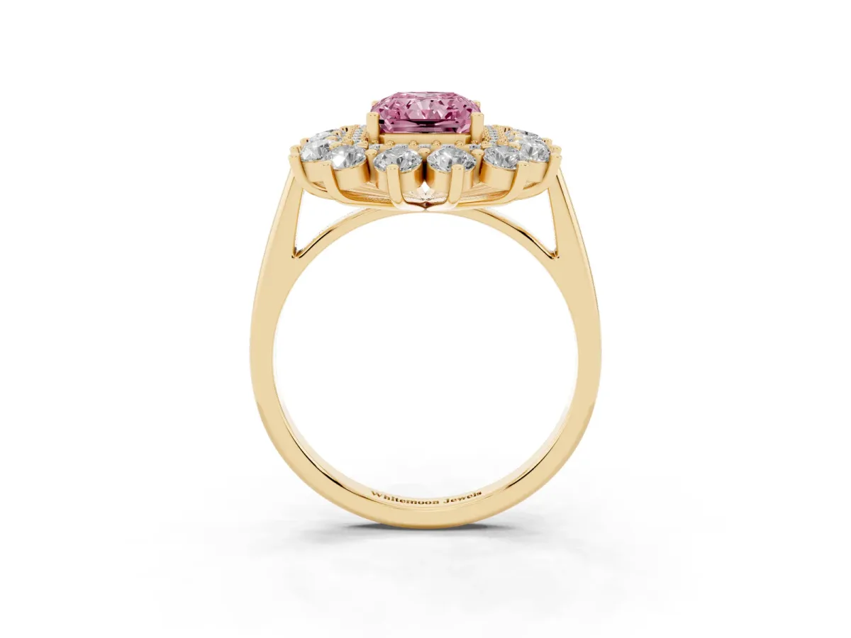 Fancy Pink Radiant Cut Diamond Floral Double Halo Engagement Ring with Prong Setting Yellow gold