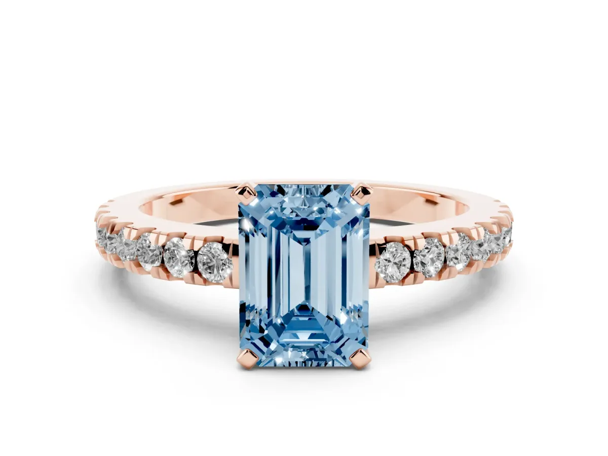Fancy Blue Emerald Cut Solitaire Diamond with Pavé Band and Four-Prong Setting Rose gold