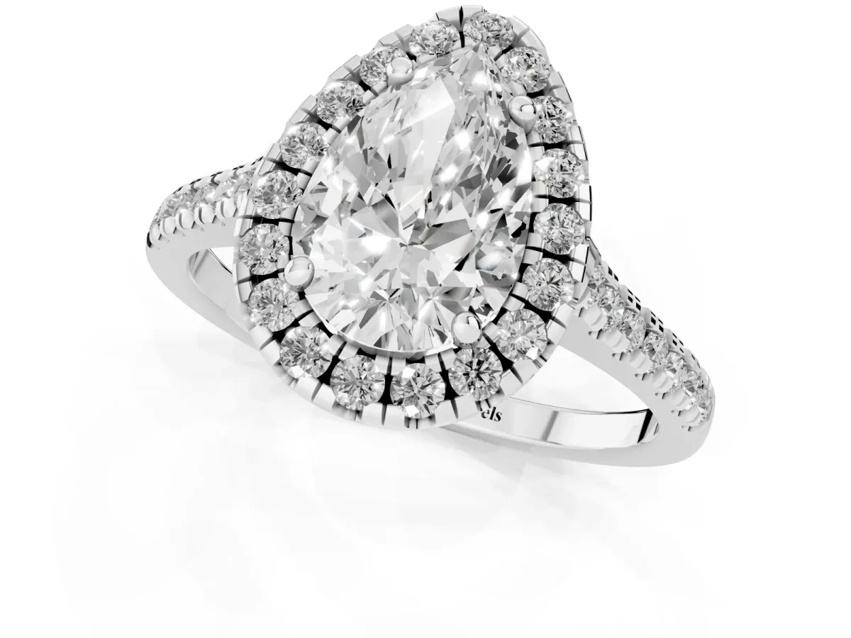 Pear Cut Diamond Cushion Halo Ring with Pavé Band Silver