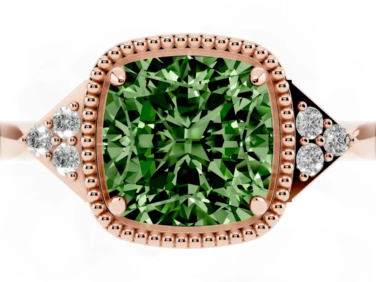 Fancy Green Hexagonal Halo Cushion Cut Diamond Solitaire with Pavé Band and Four-Prong Setting Rose gold