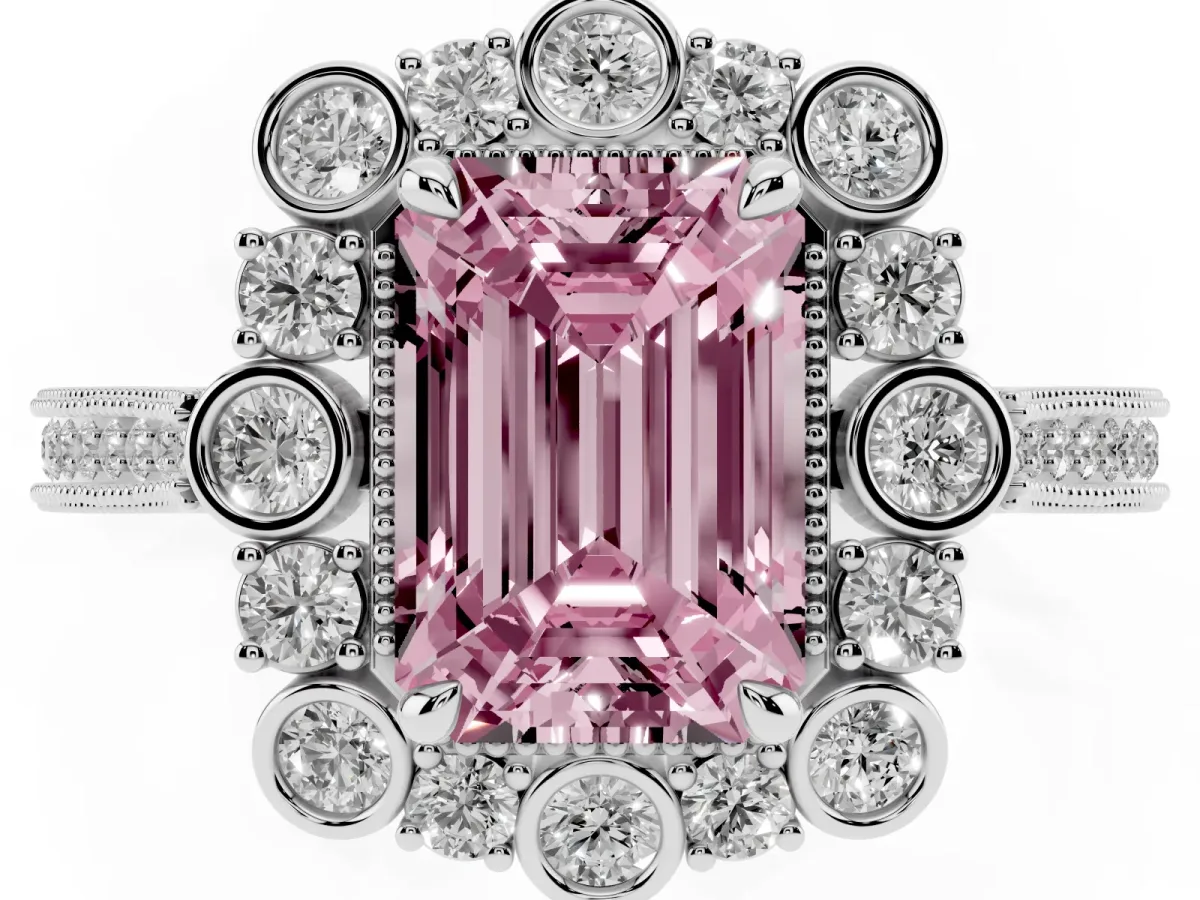 Fancy Pink Emerald Cut Halo Milgrain Pave Diamond Ring with Four-Prong Setting Platinum