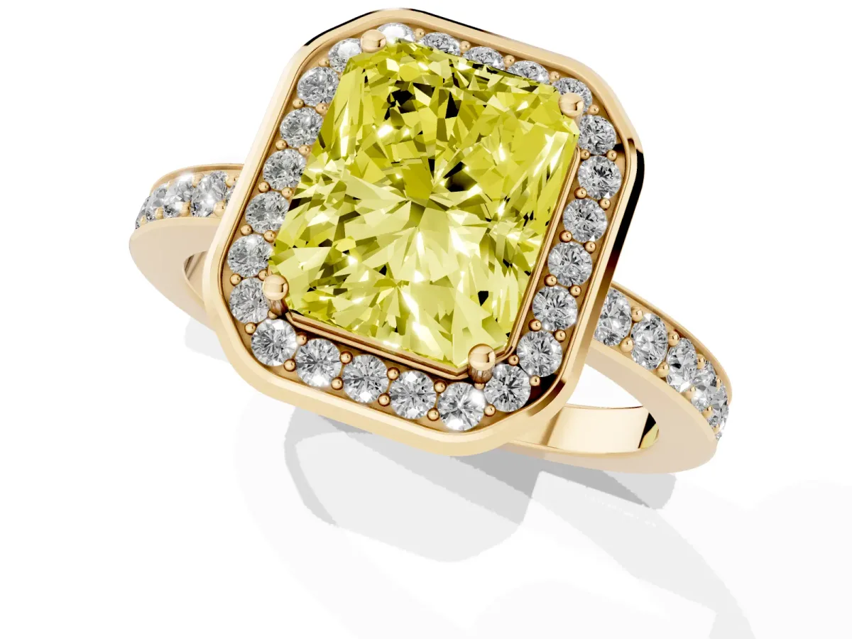 Fancy Yellow Radiant Cut Diamond Halo Ring with Bezel Frame and Pavé Band Yellow gold