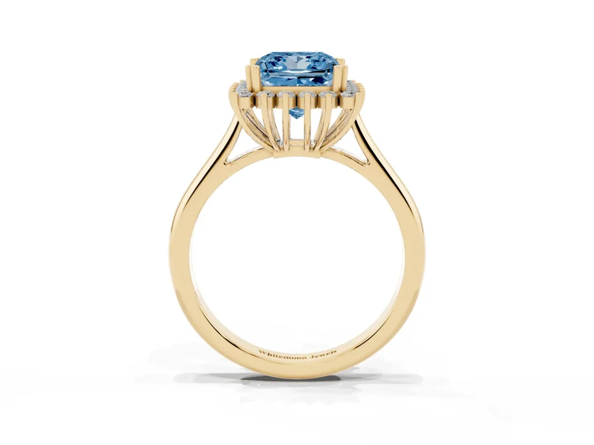 Fancy Blue Princess Cut Cut Diamond Halo Ring with Solitaire Band and Prong Setting Yellow gold