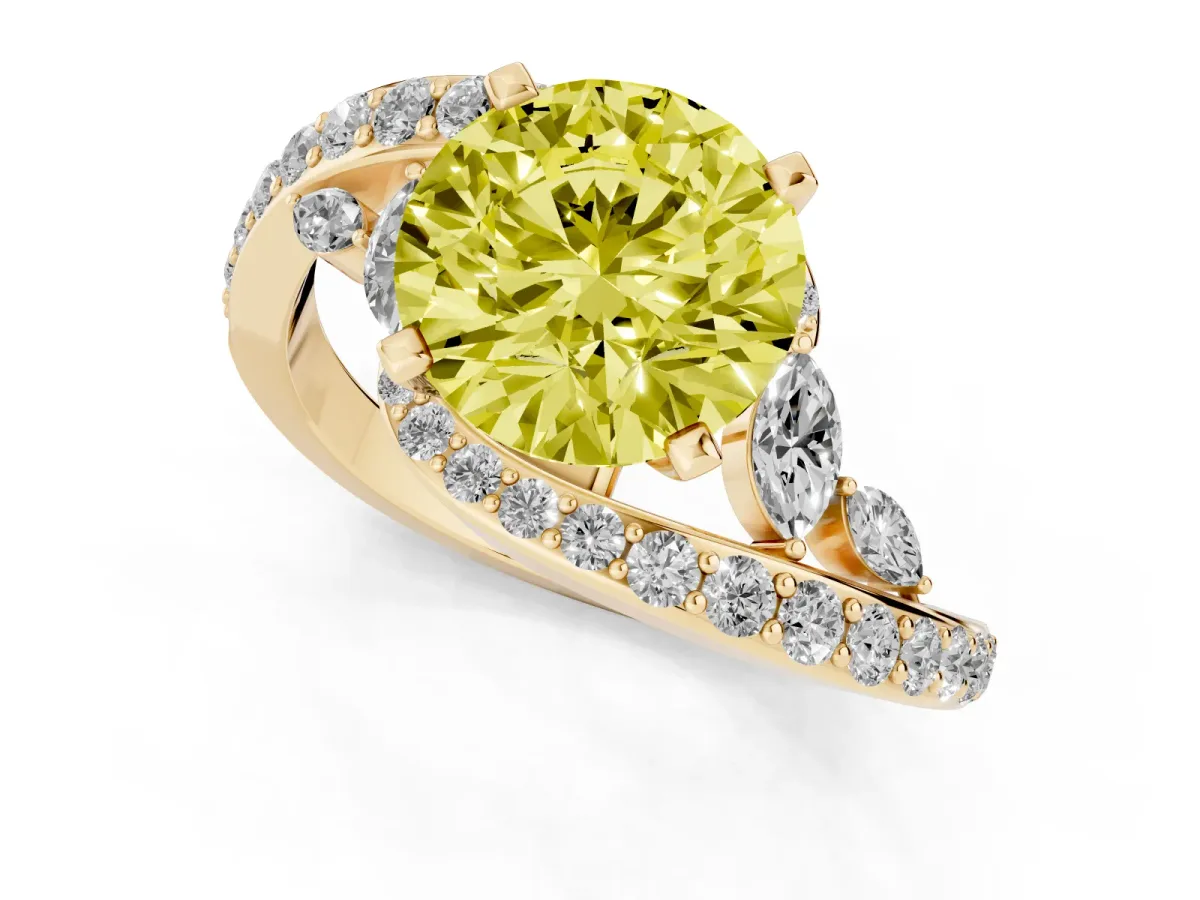 Fancy Yellow Round Cut Solitaire with Pavé Twist Band and Four-Prong Setting Yellow gold