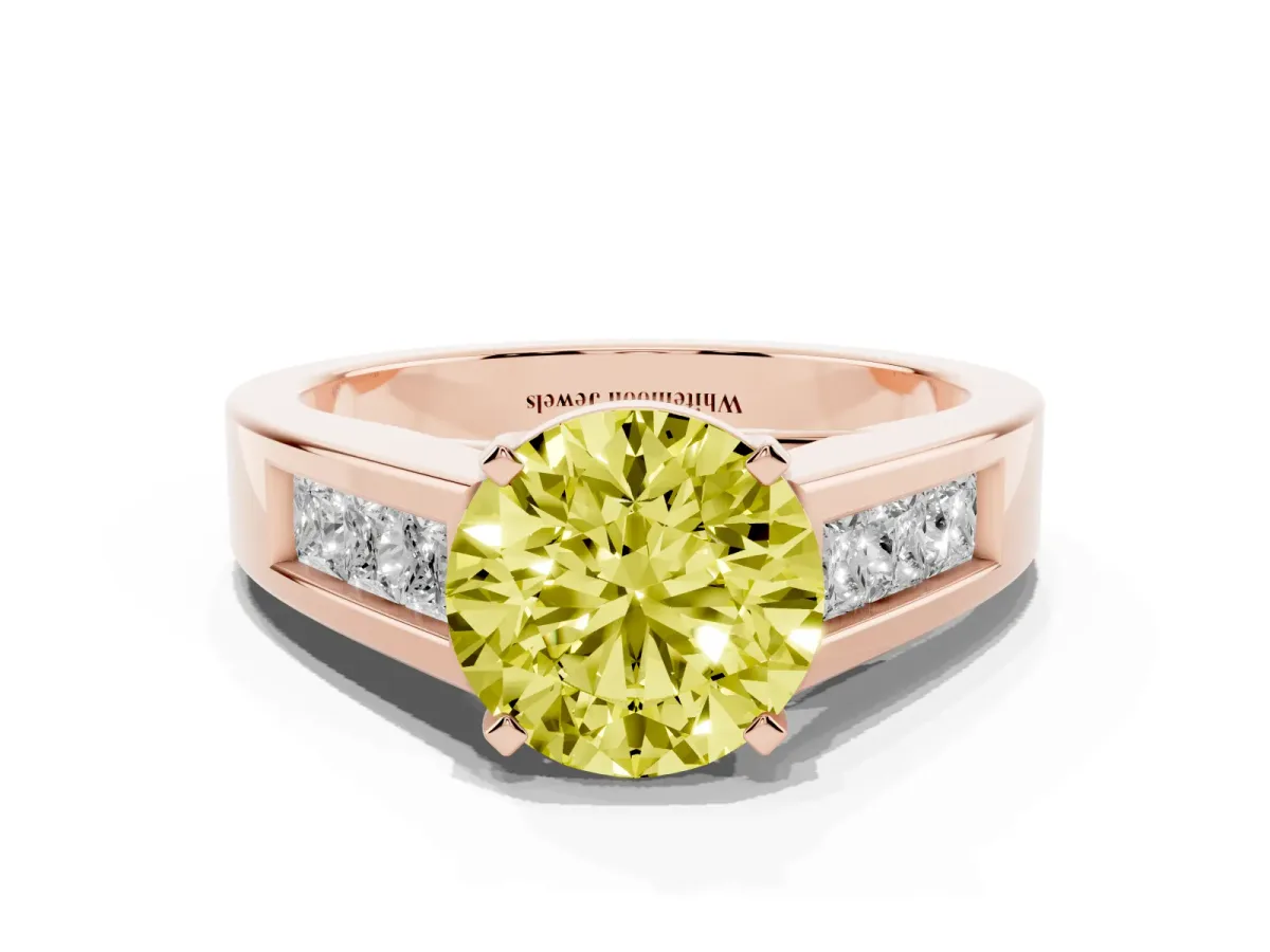 Fancy Yellow Round Cut Cut Channel Set Solitaire Ring with Four-Prong Setting Rose gold