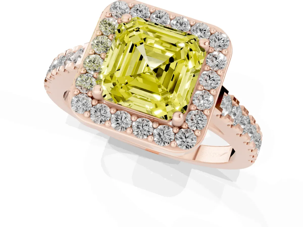 Fancy Yellow Asscher Cut Diamond Halo Ring with Round Pavé Split Shank and Prong Setting Rose gold