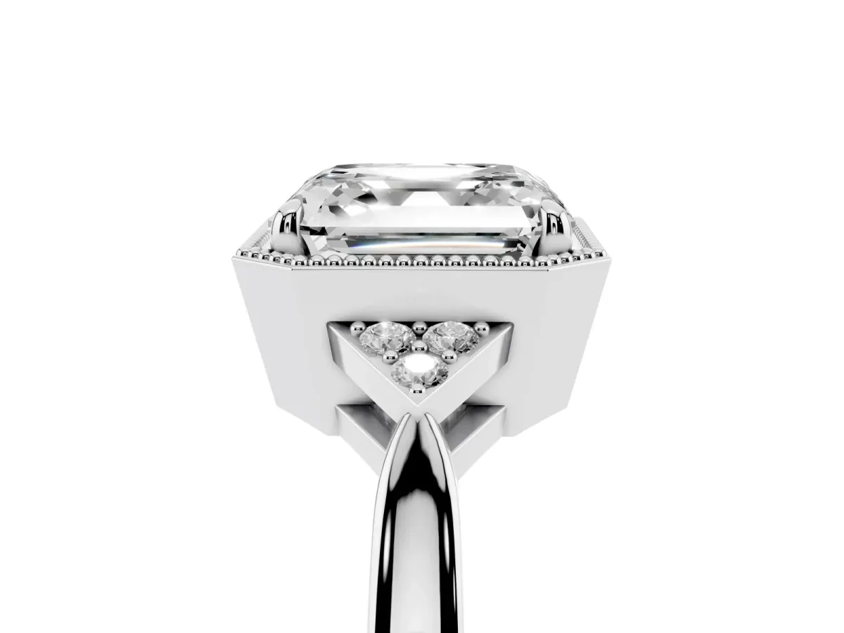 Milgrain Asscher Cut Cut Diamond Ring with Tapered Pave Band and Four Prong Setting White gold