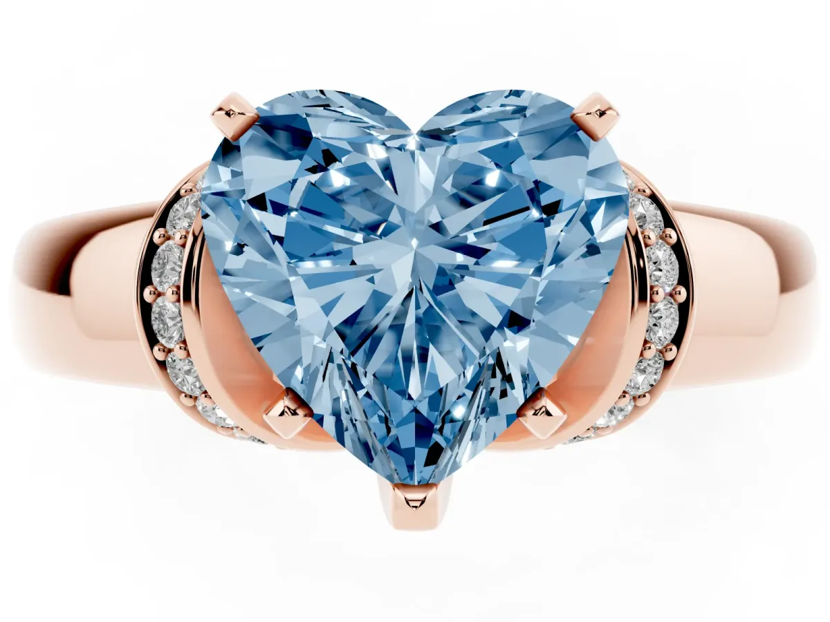 Fancy Blue Heart Cut Solitaire Diamond Ring with Pave Band and Six-Prong Setting Rose gold