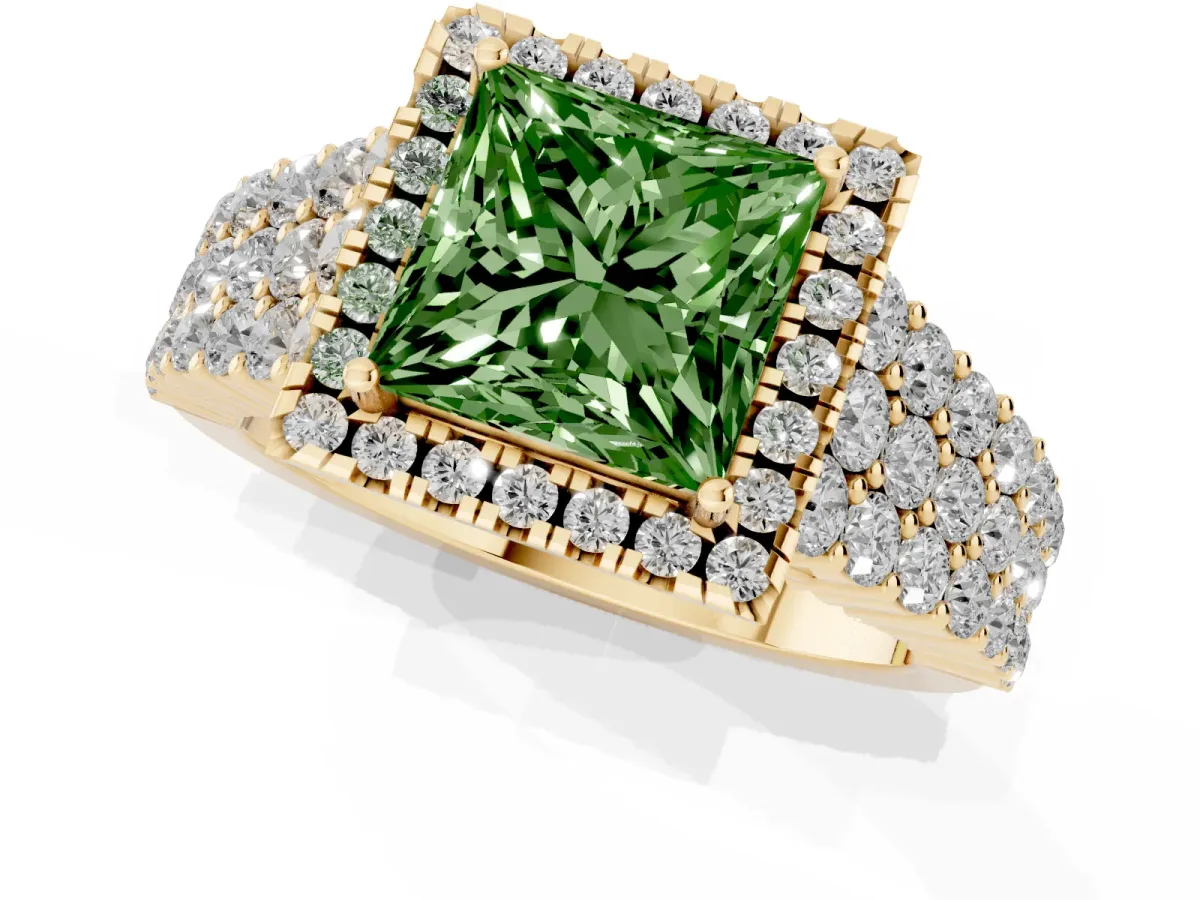 Fancy Green Princess Cut Diamond Halo Engagement Ring with Triple Row Round Pavé Band and Prong Setting Yellow gold