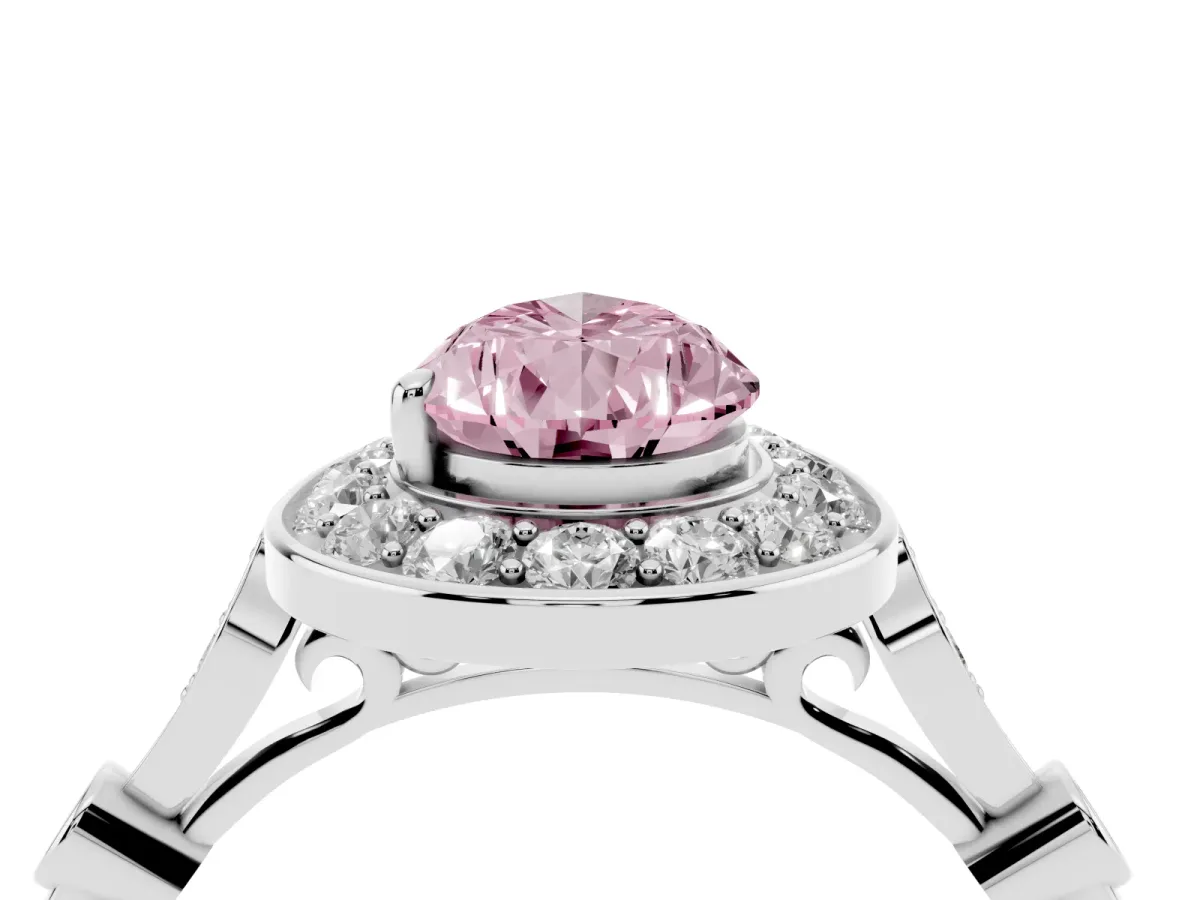 Fancy Pink Pear Cut Halo Diamond Engagement Ring with Twisted Band and Four-Prong Setting Silver