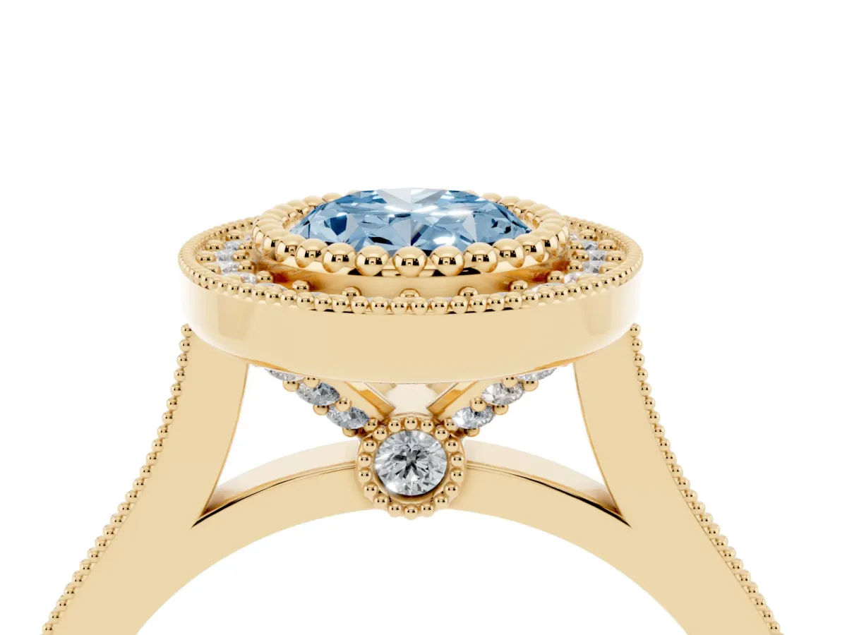 Fancy Blue Oval Cut Diamond Halo Ring with Milgrain Frame and Pavé Band Yellow gold