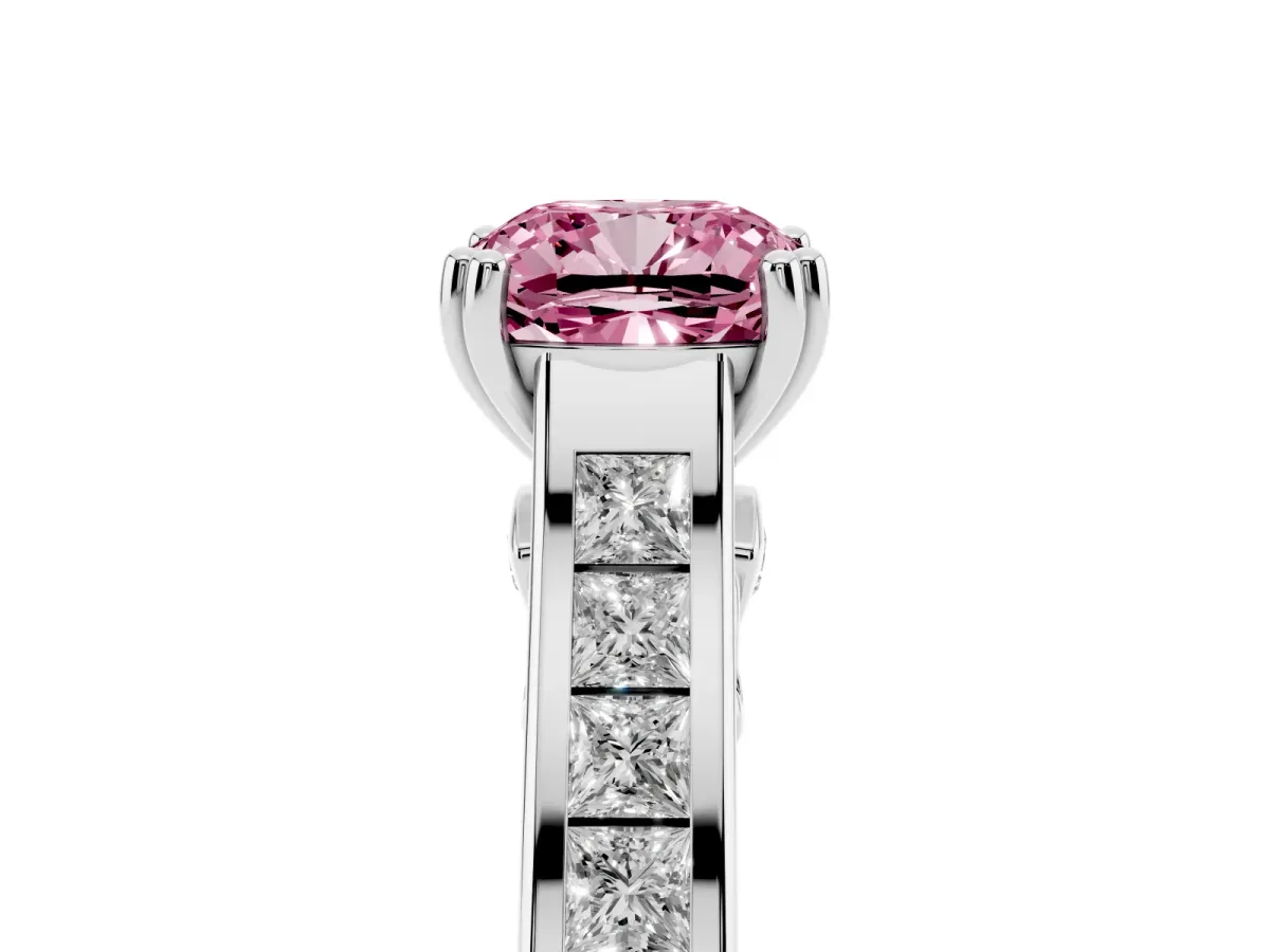 Fancy Pink Cushion Cut Cut Channel Set Solitaire Engagement Ring with Prong Setting Silver